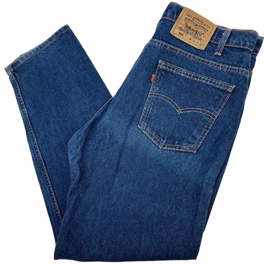90s men's 505 levi's medium/dark indigo blue denim jeans orange tab size 38x30